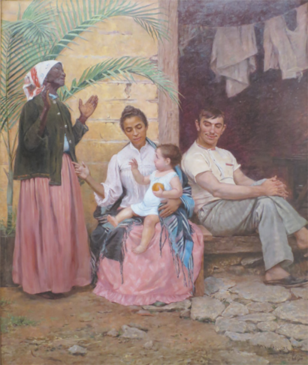 Pintura representando uma família composta por avó, mãe, pai e filho. Eles estão em um pátio ao lado de fora de uma casa. A avó está a esquerda, usa saia longa, casaco, lenço na cabeça, tem pele preta, está em pé, olhando para cima e com as mãos voltadas para cima. A mãe está no centro, sentada, usa saia longa, blusa branca e lenço caído às costas, tem pele morena e está olhando para o filho em seu colo. O filho é um bebê de pele branca. O pai está a direita, sentado no degrau de uma porta, com as pernas cruzadas, olhando para o filho, tem pele branca e usa camiseta e calça.