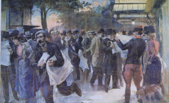 Pintura em litografia retratando pessoas reunidas em um pátio no ano de 1900. Algumas pessoas leem jornal em pé e um homem corre segurando alguns jornais.