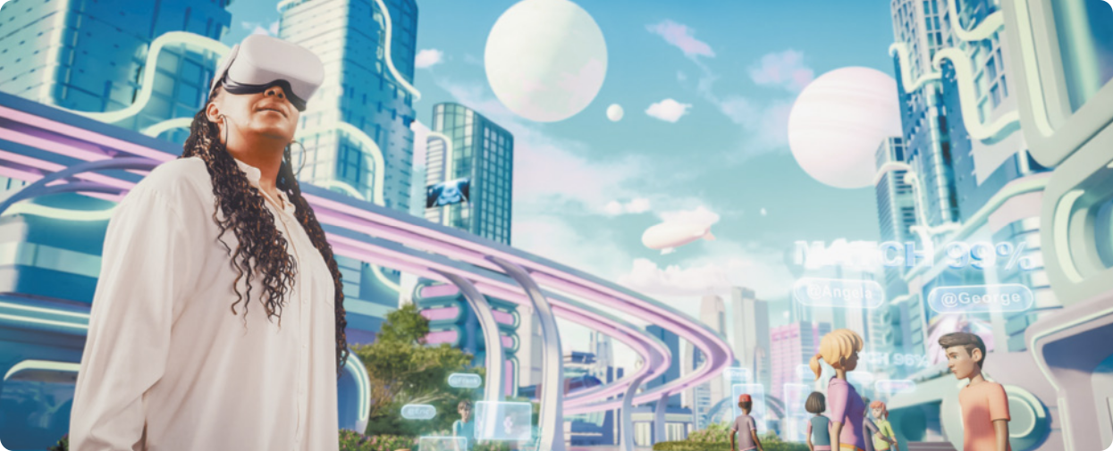 Imagem de mulher usando óculos virtual. Ao seu redor, está ilustrada uma simulação de cidade de realidade virtual.