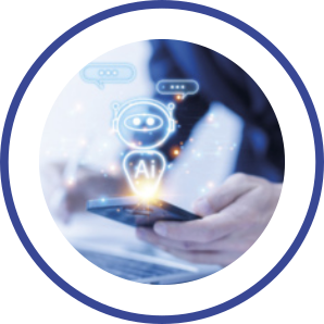 Imagem de pessoa segurando smartphone, com projeção de chatbot.
