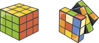 Imagem de dois cubos mágicos. À esquerda, o cubo está resolvido; à direita, o cubo está sendo montado.