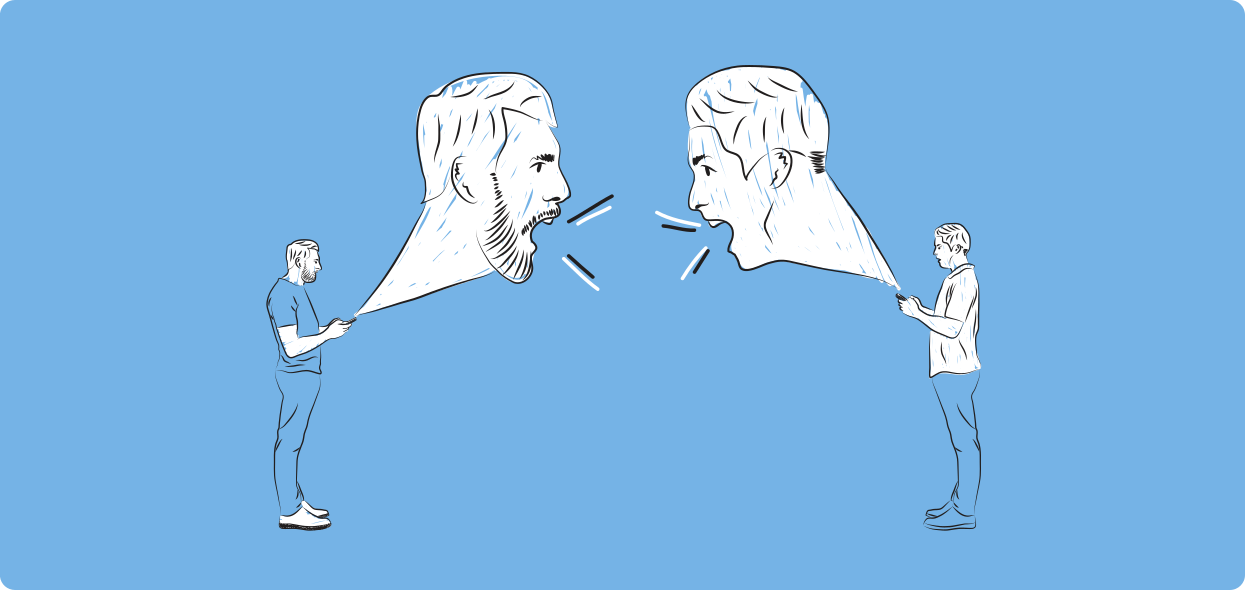 Ilustração de dois homens frente a frente usando seus celulares. São representadas duas cabeças saindo dos respectivos celulares gritando entre si.