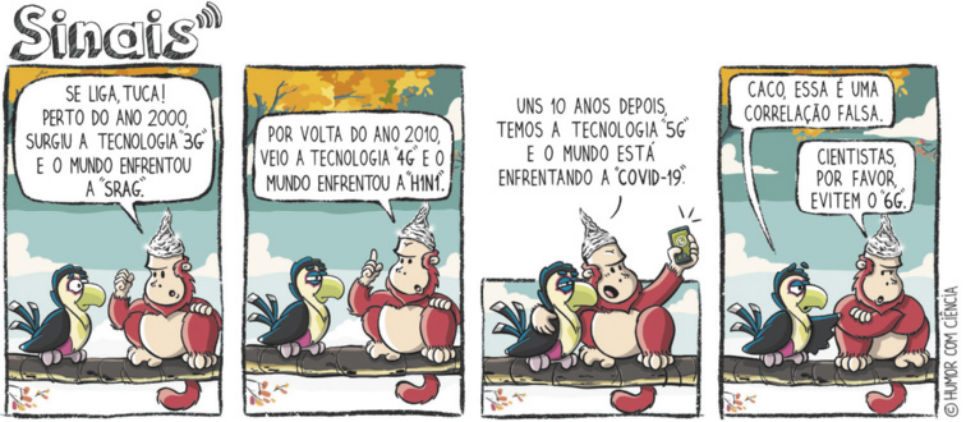 Tirinha 'Sinais', em quatro quadrinhos. Q1: Macaco chamado Caco conversa com papagaio chamado Tuca sobre um tronco de árvore. Caco diz: 'Se liga, Tuca! Perto do ano 2000, surgiu a tecnologia '3G' e o mundo enfrentou a 'SRAG'. Q2: Caco diz: 'Por volta do ano 2010, veio a tecnologia '4G' e o mundo enfrentou a 'H1N1'. Q3: Caco diz: 'Uns 10 anos depois, temos a tecnologia '5G' e o mundo está enfrentando a 'covid-19'. Q4: Caco diz: 'Cientistas, por favor, evitem o '6G'. Tuca responde: 'Caco, essa é uma correlação falsa'.