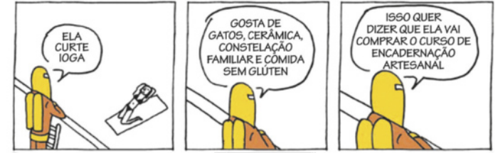 Tirinha em 3 quadrinhos. Q1: Homem com capuz em cima de um muro observa uma mulher fazendo ioga e diz: 'ela curte ioga'. Q2: Homem com capuz diz: 'Gosta de gatos, cerâmica, constelação familiar e comida sem glúten'. Q3: Homem com capuz diz: 'Isso quer dizer que ela vai comprar o curso encadernação artesanal'.