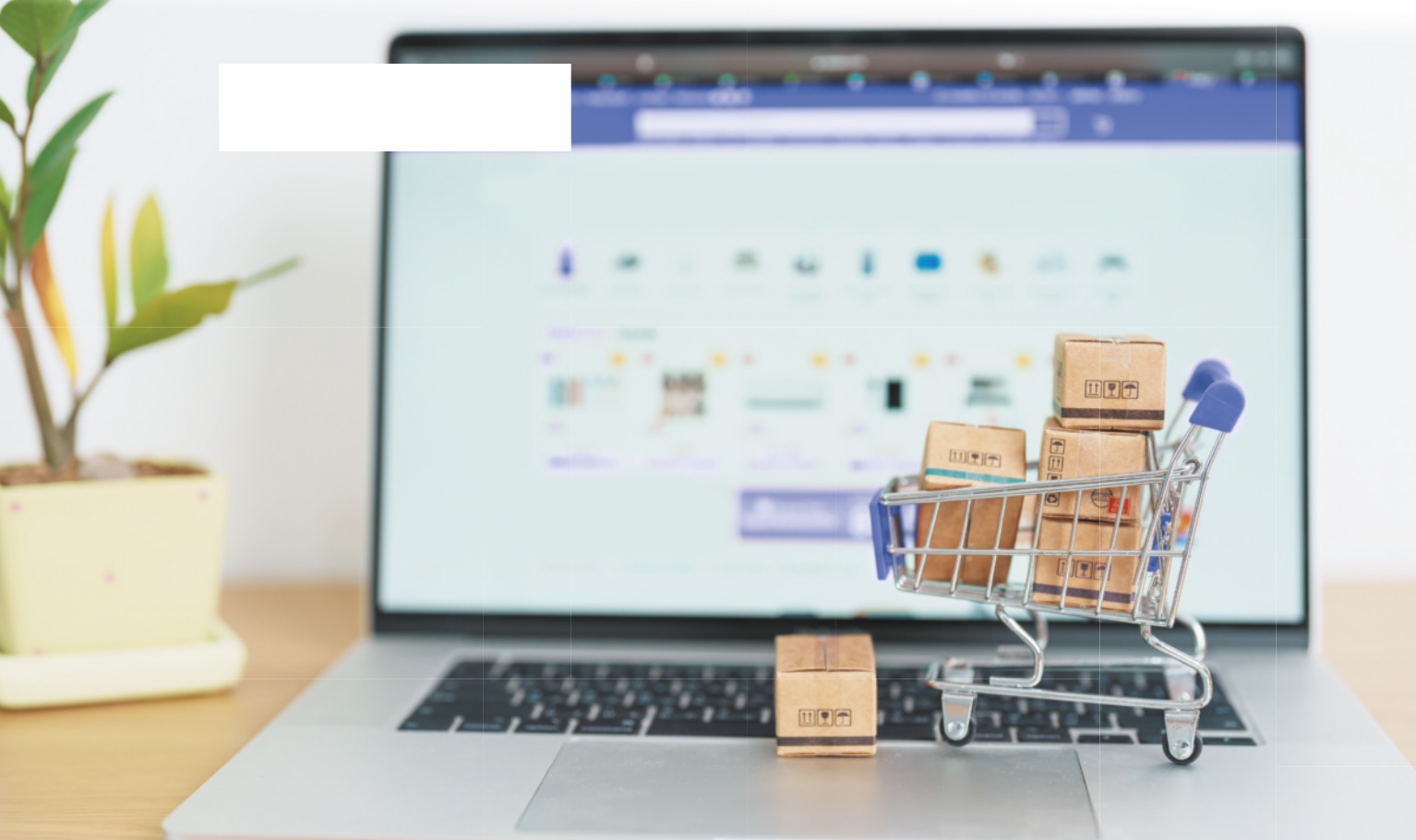 Imagem de uma miniatura de um carrinho de compras com caixas em frente a um notebook.
