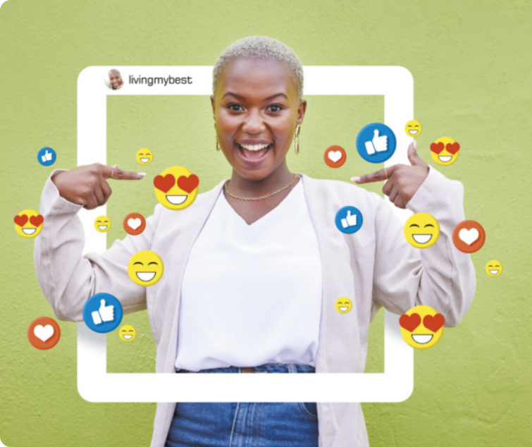 Imagem de mulher sorrindo e apontando para si mesma. Há representação de emojis ao seu redor.