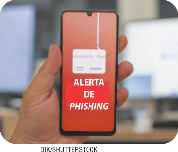 Imagem de celular com mensagem na tela 'Alerta de phishing'.