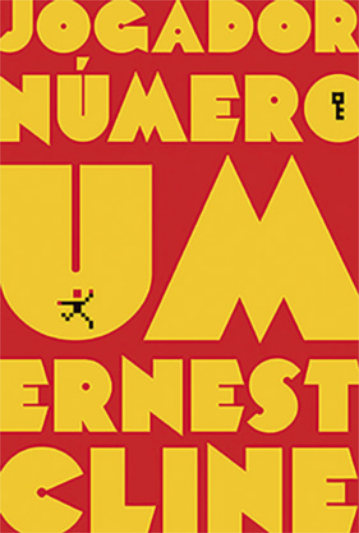 Imagem de capa de livro 'Jogador número um', do autor Ernest Cline. O título do livro e o nome do autor ocupam toda a página em letras maiúsculas. Há a ilustração de uma chave no centro da letra 'o' da palavra 'número' e a ilustração de um boneco correndo na porção inferior da letra 'u' da palavra 'um'.