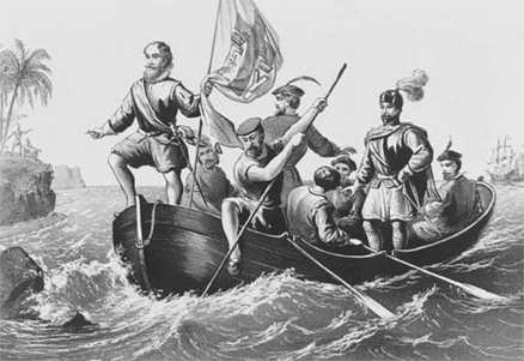 Gravura em preto e branco de um bote a remo com Cristóvão Colombo e mais sete homens a bordo.