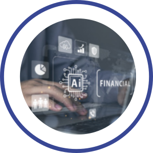 Imagem de pessoa usando notebook, com projeção de dados financeiros e inteligência artificial.