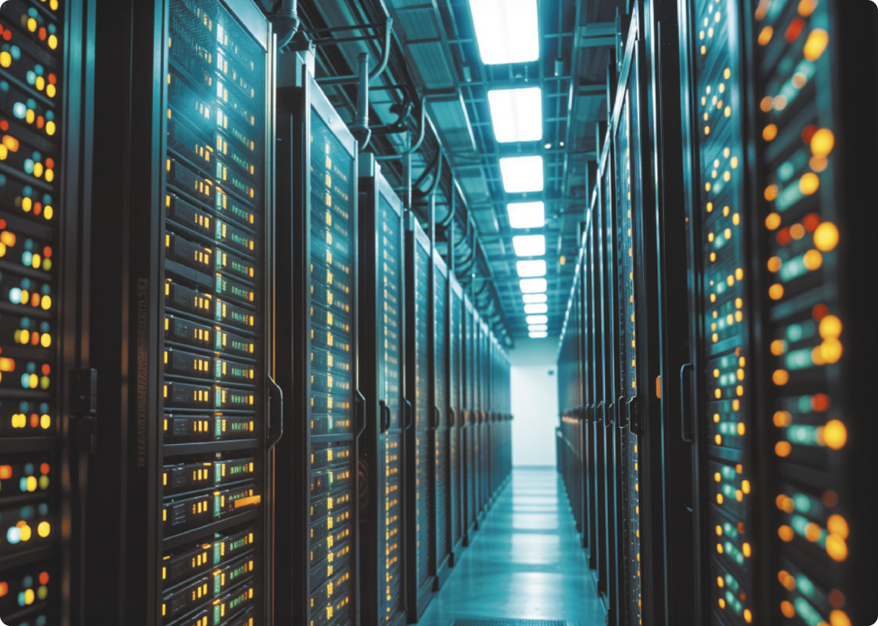 Fotografia de data center. Há um longo corredor ocupado por máquinas com muitas luzes.
