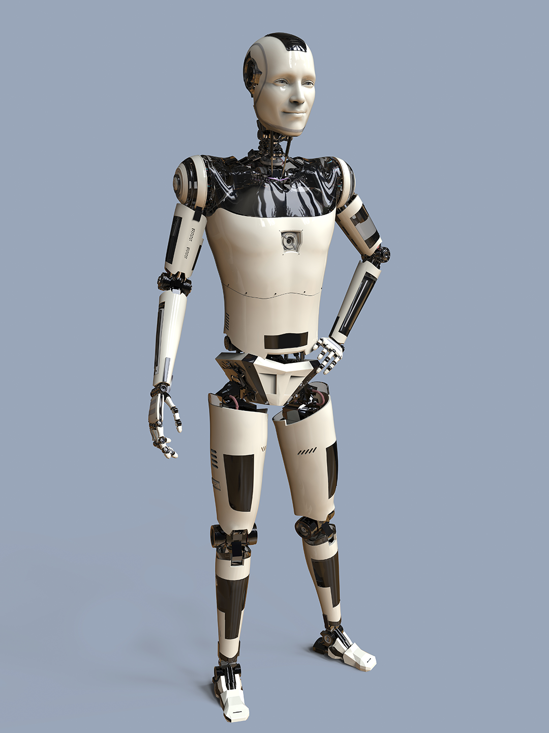 Fotografia de robô humanoide, ele apresenta uma estrutura semelhante à de um ser humano, com cabeça, dois braços e duas pernas. Seu corpo é feito de metal e plástico, com articulações. Há quatro botões interativos no robô, um na cabeça, na clavícula, na barriga e no quadril.