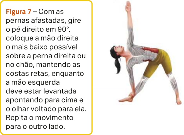 Figura 7. Ilustração de uma mulher em pé com as pernas estendidas e afastadas, com o tronco inclinado para a frente e a coluna alinhada, rotacionando o tronco para a esquerda enquanto segura o tornozelo direito com a mão direita; e estendendo o braço esquerdo para o alto, enquanto olha para cima. A ilustração destaca o alongamento dos músculos laterais do tronco. O texto diz: 'Com as pernas afastadas, gire o pé direito em 90 graus, coloque a mão direita o mais baixo possível sobre a perna direita ou no chão, mantendo as costas retas, enquanto a mão esquerda deve estar levantada apontando para cima e o olhar voltado para ela. Repita o movimento para o outro lado.'