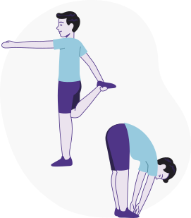 Ilustração de um garoto realizando o alongamento de membros inferiores, em duas etapas.  Na primeira etapa, ele está em pé, apoiando-se em um dos pés, com o braço esquerdo erguido à frente; e o braço direito puxa o pé direito para trás, flexionando o joelho direito, em direção ao glúteo. Na segunda etapa, ele está com as pernas estendidas e unidas, estendendo o tronco para a frente em direção ao chão, tocando as pontas dos pés com as mãos.