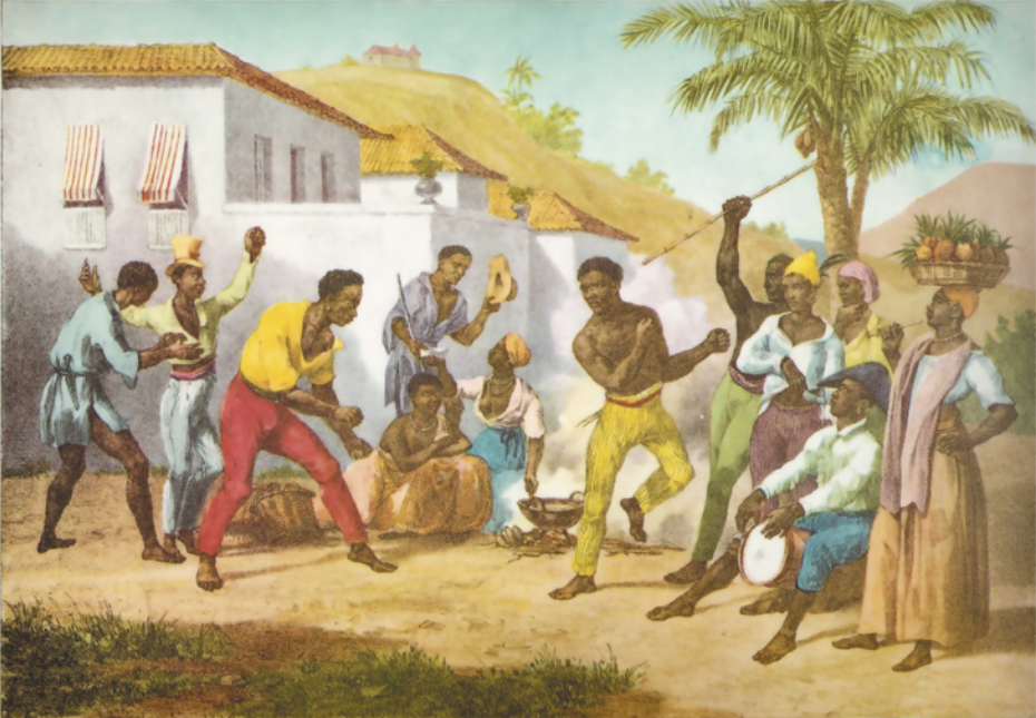 Gravura colorida representando um grupo de pessoas escravizadas em uma roda de capoeira. Dois homens estão jogando ao centro, gingando frente a frente, enquanto pessoas sentadas e em pé observam, batendo palmas e erguendo os braços, e um deles toca um tambor sobre o qual está sentado.