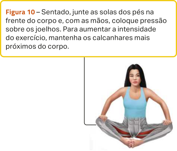 Figura 10. Ilustração de uma mulher sentada no chão com as pernas afastadas e os joelhos flexionados, unindo as solas dos pés à frente do quadril. Ela empurra os joelhos para baixo com as mãos, com os braços ao lado do tronco. A ilustração destaca o alongamento dos músculos da parte interior das coxas.  O texto diz: 'Sentado, junte as solas dos pés na frente do corpo e, com as mãos, coloque pressão sobre os joelhos. Para aumentar a intensidade do exercício, mantenha os calcanhares mais próximos do corpo.'