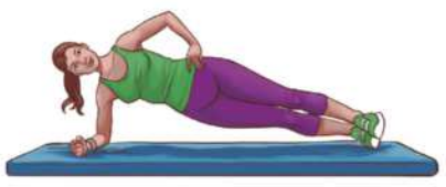 Ilustração de uma mulher em posição de prancha lateral, com o corpo deitado lateralmente no ar. Ela apoia a lateral do pé direito e o antebraço direito no chão, com o cotovelo direito flexionado e as pernas estendidas e unidas, alinhadas com o tronco, apoiando a mão esquerda na cintura.