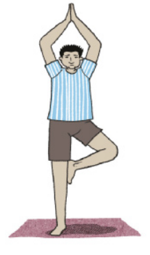 Ilustração de um homem em pé sobre um colchonete estendido no chão, apoiado sobre o pé direito, com a perna esquerda flexionada, apoiando a sola do pé esquerdo sobre a parte interna da coxa direita. Com a coluna ereta, ele ergue os braços para o alto, ao lado da cabeça, unindo as palmas das mãos sobre a cabeça.