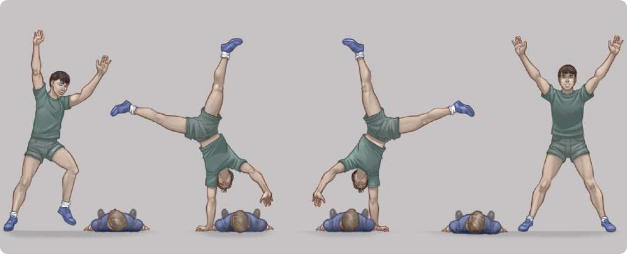 Ilustração representando um garoto realizando uma estrela por cima de outro garoto deitado no chão, em quatro etapas. Elas são as seguintes: 1. O garoto em pé ergue os braços, com o corpo de lado, levantando a perna esquerda levemente para tomar impulso, enquanto o outro garoto está deitado no chão com a barriga voltada para acima, diante dele. 2. O garoto em pé inicia a estrela, apoiando a mão esquerda no chão ao lado do garoto deitado e estendendo as pernas afastadas no alto, ficando de cabeça para baixo e realizando um giro sobre o corpo do outro garoto. 3. A estrela continua à medida que o garoto passa por cima do corpo do garoto deitado, apoiando-se na mão direita, e deslocando o peso do corpo de modo que a mão esquerda solta o chão, e as pernas no alto continuam o giro, com a perna direita tendendo ao chão. 4. O garoto termina a estrela tendo passado para o outro lado, sobre o garoto deitado, com os pés paralelos e afastados e os braços erguidos.