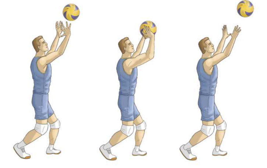 Ilustração representando um homem executando um toque de bola em três etapas. Elas são as seguintes: 1. O homem posiciona as palmas das mãos abertas voltadas para o alto, levemente afastadas, preparado para receber a bola. 2. A bola chega às mãos do homem, encaixando-se entre as palmas das mãos dele. 3. O homem rebate a bola, empurrando-a para o alto, sem chegar a segurá-la, estendendo as mãos para o alto e direcionando a bola para algum outro jogador.