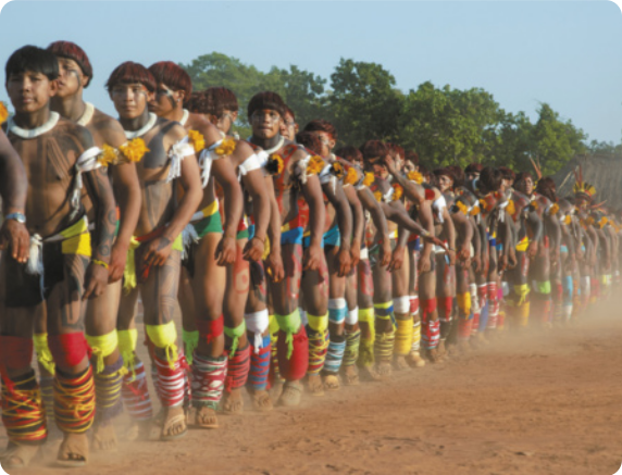 Fotografia de um grupo de homens indígenas caminhando em fila, dançando vestidos com adereços diversos e pinturas corporais, sobre um piso de terra.