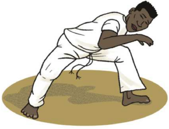 Ilustração de um garoto descalço, com trajes de capoeira, executando uma esquiva lateral, com as pernas flexionadas e afastadas, inclinando o tronco para o lado esquerdo, protegendo-se com o antebraço direito erguido à frente do rosto.