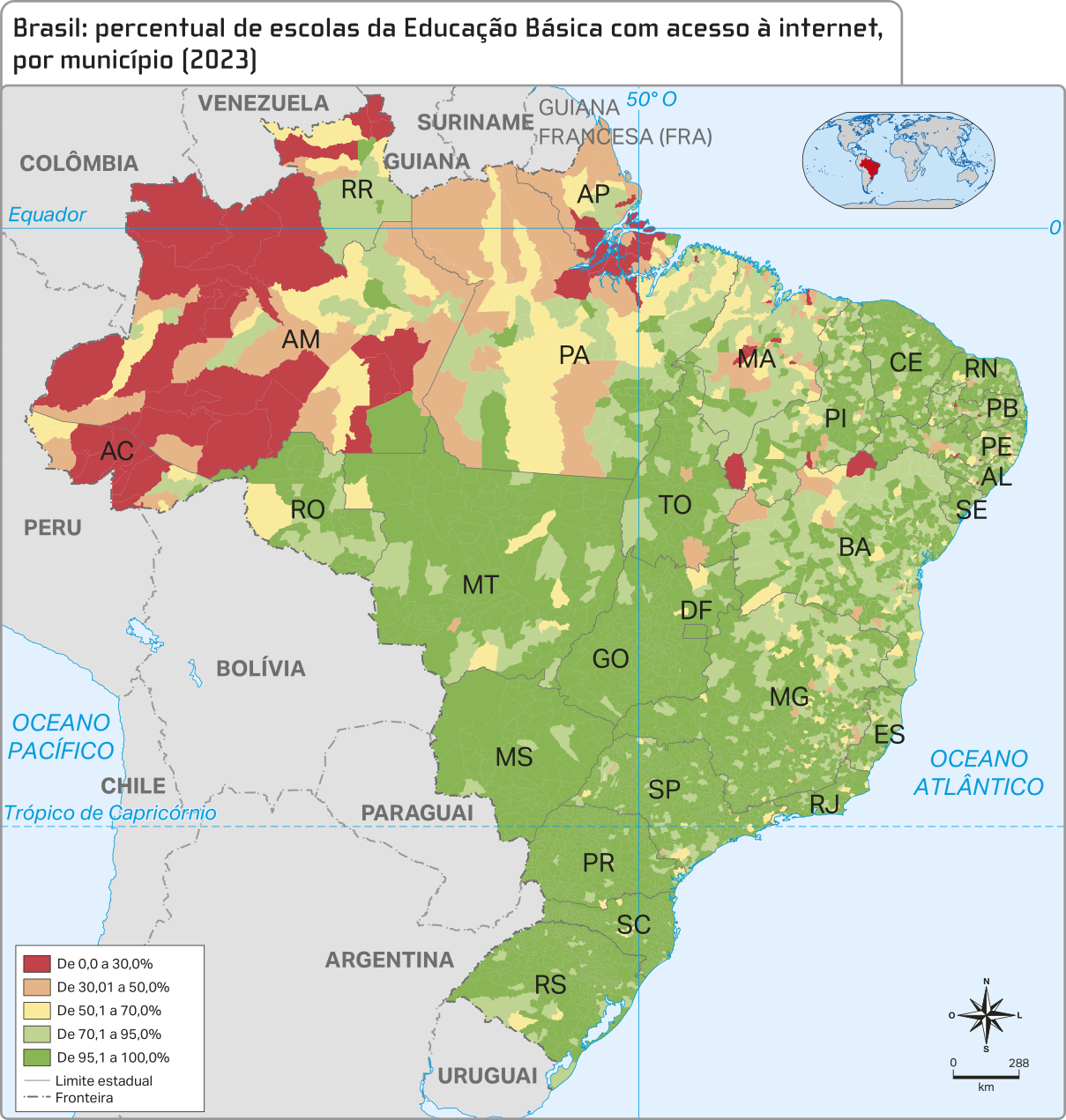 Mapa 'Brasil: percentual de escolas da Educação Básica com acesso à internet, por município (2023)': O mapa mostra o Brasil, destacando com cores as regiões correspondentes aos seguintes percentuais de acesso à internet em escolas da educação básica: De 0,0 a 30,0 por cento: região centro-oeste do Amazonas, norte de Roraima, região central do Acre, sul do Amapá, norte do Pará, sul do Maranhão, trechos do sul do Piauí e extremo norte da Bahia; De 30,01 a 50,0 por cento: sul do Acre, oeste e leste do Amazonas, centro-norte de Roraima, leste do Pará, norte e sul do Amapá, região central do Maranhão, sul de Tocantins, noroeste da Bahia, e trechos do centro-sul de Piauí e Pernambuco; De 50,1 a 70,0 por cento: oeste do Acre, leste do Amazonas, norte de Roraima, centro-sul, norte e nordeste do Pará, centro do Amapá, oeste de Rondônia, norte do Maranhão, e trechos esparsos de Mato Grosso, Piauí, Bahia, Ceará, Rio Grande do Norte, Paraíba, Pernambuco, Goiás, Minas Gerais, São Paulo, Espírito Santo, Rio de Janeiro, Paraná, Santa Catarina e Rio Grande do Sul;  De 70,1 a 95,0 por cento: regiões esparsas em estados da região Norte, regiões predominantes no Maranhão, Piauí, Bahia e norte de Minas Gerais, além de trechos esparsos em estados das regiões Nordeste, Sudeste e Centro-Oeste; De 95,1 a 100,0 por cento: regiões predominantes no país, com presença esparsa em estados da região Norte e no Maranhão.