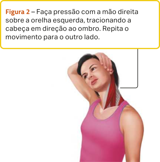 Figura 2. Ilustração de uma mulher puxando a cabeça para o lado direito com a mão direita, passando o antebraço sobre a cabeça, destacando o alongamento dos músculos do pescoço. O texto diz:   'Faça pressão com a mão direita sobre a orelha esquerda, tracionando a cabeça em direção ao ombro. Repita o movimento para o outro lado.'