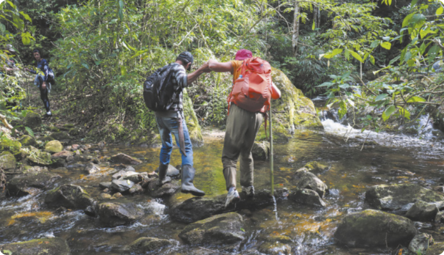 Fotografia de um homem com mochila nas costas ajudando uma pessoa com uma mochila nas costas, apoiando-se em um cajado, a caminhar sobre pedras de um rio, segurando a mão dela. Eles estão cruzando um riacho no meio da mata.