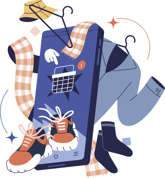 Ilustração de peças de roupas diversas, cabides e um smartphone mostrando ícones de compras na tela.