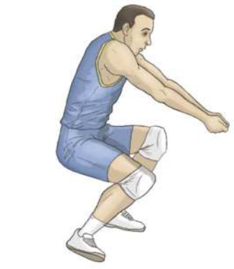 Ilustração de um homem executando uma manchete, com as pernas flexionadas e as mãos unidas à frente do corpo, estendendo os braços à altura da cintura.