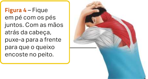 Figura 4. Ilustração de um homem com as mãos sobre a parte traseira da cabeça, puxando-a para a frente, com o tronco levemente inclinado para a frente. A ilustração destaca o alongamento dos músculos traseiros do pescoço e da parte superior das costas. O texto diz: 'Fique em pé com os pés juntos. Com as mãos atrás da cabeça, puxe-a para a frente para que o queixo encoste no peito.'