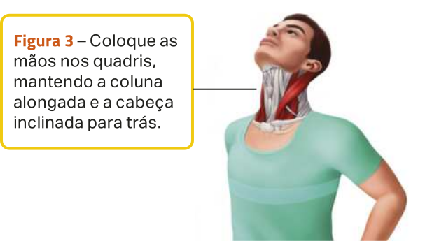 Figura 3. Ilustração de um homem com a cabeça inclinada para trás e as mãos nos quadris, destacando o alongamento dos músculos laterais do pescoço. O texto diz: 'Coloque as mãos nos quadris, mantendo a coluna alongada e a cabeça inclinada para trás.'