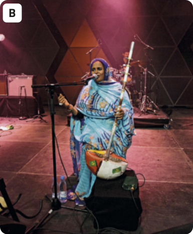B. Fotografia de Noura Mint Seymali. Ela é negra, está sentada em uma cadeira e fala em um microfone segurado por um tripé. Com uma das mãos, Noura gesticula, enquanto com a outra segura um instrumento musical, tradicional da Mauritânia, chamado ardin. O instumento é composto por uma cabaça na ponta com cordas verticais. Ela está usando um traje típico, que consiste em um tecido leve que envolve seu corpo e sua cabeça. O tecido é estampado e bordado. Aos pés de Noura, há duas garrafas de água, assim como uma caixa de som. Ao fundo, há outros instrumentos musicais e caixas de som. Noura está em um ambiente fechado com pouca iluminação.