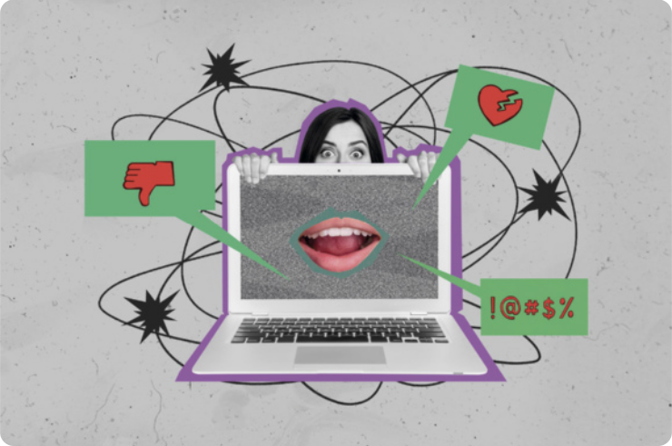 Imagem com colagens e ilustrações. A imagem representa um computador em cuja tela há uma boca humana colada. Atrás do computador aparece apenas a parte superior da cabeça de uma mulher, que está com as mãos apoiadas na tela do computador, como se estivesse se escondendo. Ao redor desta figura há caixas de diálogo com símbolos, como um coração partido, um polegar voltado para baixo, e símbolos representando palavrões. Também há símbolos representando explosões e algumas linhas conectando os símbolos.