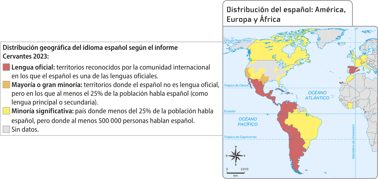 Mapa 'Distribución del español: América, Europa y África'. O mapa mostra as Américas e uma parte da África e Europa, ilustrando a distribuição geográfica do idioma espanhol. Na legenda do mapa está escrito: 'Distribución geográfica del idioma español según el informe Cervantes 2023:'. Em vermelho: 'Lengua oficial: territorios reconocidos por la comunidad internacional en los que el español es una de las lenguas oficiales'. Em laranja: 'Mayoría o gran minoría: territorios donde el español no es lengua oficial, pero en los que al menos el 25% de la población habla español (como lengua principal o secundaria)'. Em amarelo: 'Minoría significativa: país donde menos del 25% de la población habla español, pero donde al menos 500.000 personas hablan español'. Em cinza: 'Sin datos'. Na América do Norte, há predomínio da cor amarela, exceto duas regiões dos Estados Unidos que estão pintadas de laranja. Na América Central, todos os países estão pintados de vermelho. Na América do Sul, o Brasil está pintado de amarelo, enquanto a maioria dos outros países está pintada de vermelho. Na África, há dois países pintados de amarelo, uma região pintada de vermelho e algumas ilhas também em vermelho. Na Europa, há um país e algumas ilhas pintados de vermelho, e alguns países e ilhas pintados de amarelo.