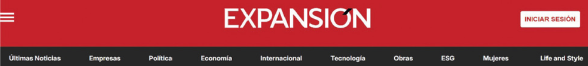 Imagem do cabeçalho de um site de notícias online. O nome do site é 'Expansión', e está centralizado na imagem. De ambos os lados do título há ícones: um deles é o menu de opções formado por três barras horizontais, e o outro é uma caixa onde está escrito: 'iniciar sesión'. Abaixo, estão as seções: 'Últimas notícias', 'Empresas', 'Política', 'Economia', 'Internacional', 'Tecnologia', 'Obras', 'ESG', 'Mujeres', e 'Life and Style'.
