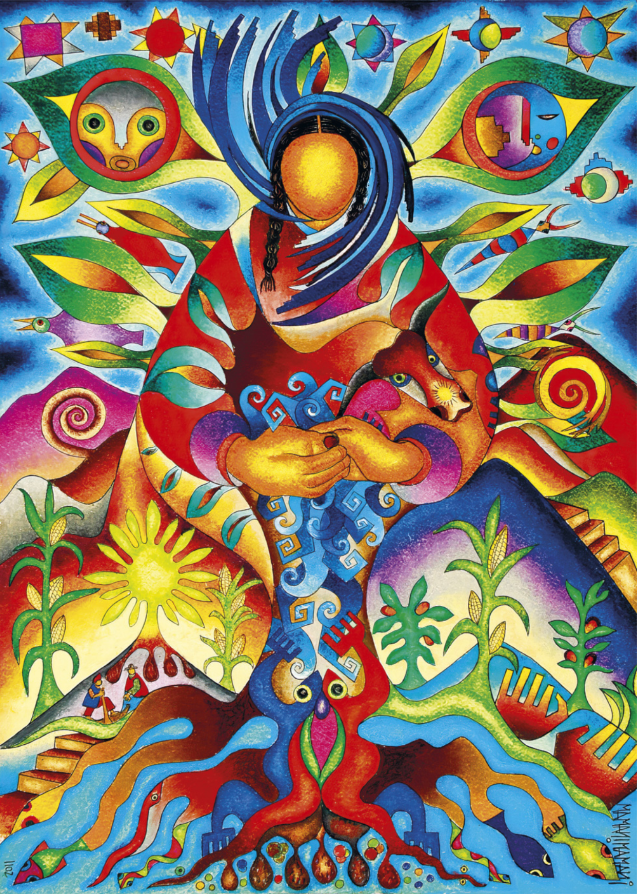 Imagem de uma pintura com cores vibrantes, representando uma figura feminina no centro. A figura tem a pele amarela e longas tranças escuras, e está envolta em um manto vermelho e azul. Suas mãos seguram um animal com chifres, e sua base parece se ramificar em formas que se parecem raízes, terminando em figuras de pequenos peixes. Na base da pintura, há uma plantação de milho e outro cultivo, e alguns agricultores trabalham a terra com ferramentas. Ao redor da figura, há diversos símbolos, como um círculo contendo um rosto com olhos, nariz e boca, pequenos sóis, e algumas montanhas.