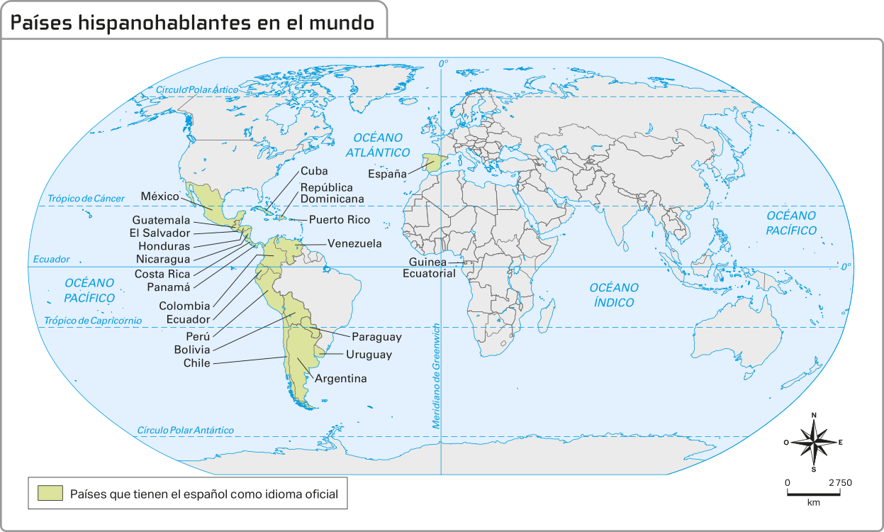 Mapa 'Países hispanohablantes en el mundo', onde estão destacados os países que falam espanhol. Na América Central destaca-se: 'México, Guatemala, El Salvador, Honduras, Nicaragua, Costa Rica, Panamá, Cuba, República Dominicana e Puerto Rico'. Na América do Sul destaca-se: 'Colombia, Ecuador, Perú, Bolivia, Chile, Venezuela, Paraguay, Uruguay e Argentina'. Na Europa destaca-se: 'España'. Na África destaca-se 'Guinea Ecuatorial'. Os países que falam espanhol e fazem fronteira com o Brasil são: 'Paraguay, Uruguay, Argentina, Bolivia, Perú, Colombia e Venezuela'.