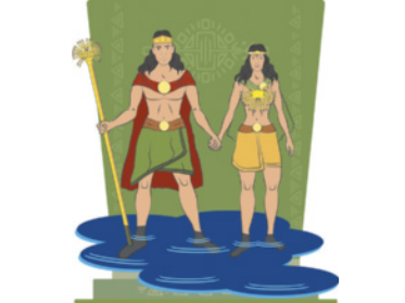 Ilustração de um homem e uma mulher de mãos dadas. Ambos têm os cabelos compridos, uma coroa envolvendo a testa, e estão usando uma capa sobre os ombros, presa por um círculo metálico no centro do peito. Um tecido envolve sua cintura e coxas, preso por um cinto com um círculo metálico no centro. O homem tem o peito nu e segura um bastão com uma estrutura circular na ponta, enquanto a mulher está usando trajes que cobrem seu peito, e não segura nada. Ambos estão em pé sobre uma poça de água que cobre apenas seus pés. Ao fundo, há ilustrações tradicionais.