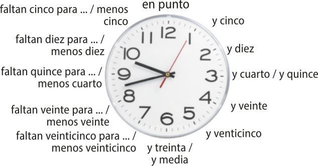 Imagem de um relógio analógico. Há informações próximas aos números representados no relógio.  12: 'en punto'; 1: 'y cinco'; 2: 'y diez'; 3: 'y cuarto / y quince'; 4: 'y veinte'; 5: 'y veinticinco'; 6: 'y treinta / y media'; 7: 'faltan veinticinco para... / menos veinticinco'; 8: 'faltan veinte para... / menos veinte'; 9: 'faltan quince para... / menos cuarto'; 10: 'faltan diez para... / menos diez'; 11: 'faltan cinco para... / menos cinco'.