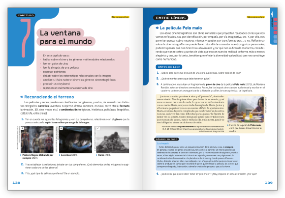 Reprodução das duas primeiras páginas de um dos capítulos do livro. Nas páginas estão as seções 'Reconociendo el terreno' e 'Entre líneas'.