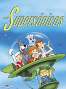 Capa do desenho animado infantil 'Os Jetsons'. Há a ilustração de uma família em uma nave espacial. A nave espacial tem a base arredondada e é envolta por uma redoma de vidro. De um buraco embaixo da nave, está saindo uma nave menor, também composta por uma base arredondada e envolta por vidro. Dentro da nave menor, há uma criança segurando uma lancheira com a expressão alegre. Dentro da base maior, estão um homem e mulher adultos, um robô, um cachorro e uma jovem. Todos têm uma expressão alegre no rosto.