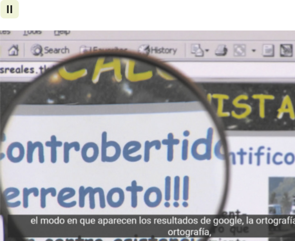 2. Imagem da mesma página de blog na internet representada em 1. Nesta imagem, a palavra 'controbertido' encontra-se aumentada por uma lupa. Na parte inferior, há uma legenda 'el modo en que aparecen los resultados de google, la ortografía'.