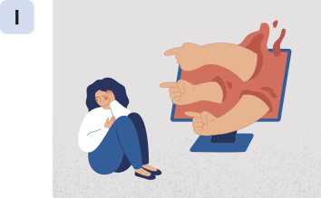 1. Ilustração de uma mulher sentada no chão na frente de um computador. De dentro do computador estão saindo três braços com dedos que apontam para a mulher. A mulher tem uma postura que demonstra vergonha. Ela está cobrindo o rosto com uma das mãos, desviando o olhar da tela do computador, e com as pernas flexionadas próximas ao corpo.