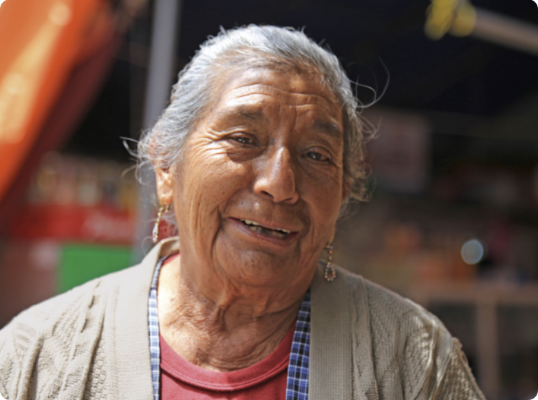 Fotografia de uma mulher de traços indígenas. Ela está sorrindo, tem cabelos grisalhos presos e a face enrugada. Ela está usando brincos e camiseta com uma blusa aberta por cima.