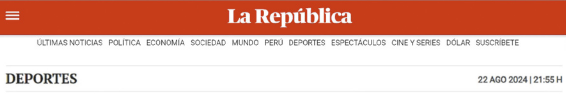 Imagem de uma página da internet, com o cabeçalho de um site de notícias esportivas. Na parte superior, está o nome do site: 'La República'. Logo abaixo, há uma série de ícones do site que, se clicados, levam para outras páginas. A notícia está na seção: 'Deportes', e a manchete diz: 'Boca Juniors quedó eliminado de la Sudamericana: sin Advíncula, perdió 5 a 4 ante Cruzeiro en penales'.