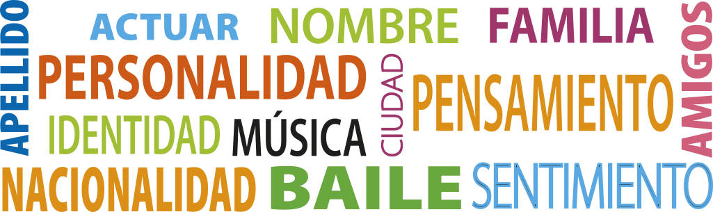 Imagem de nuvem de palavras, contendo as seguintes palavras: 'Apellido', 'Actuar', 'Personalidad', 'Identidad', 'Nacionalidad', 'Nombre', 'Ciudad', 'Música', 'Baile', 'Familia', 'Pensamiento', 'Sentimiento', e 'Amigos'.