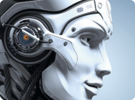 Imagem da cabeça de um robô com forma humana, em vista lateral. O robô tem uma expressão tranquila, é feito de metal e possui uma estrutura mecânica envolvendo a região da orelha. Essa estrutura é composta por peças metálicas com engrenagens, componentes eletrônicos, e um cabo fino que se assemelha a uma antena.
