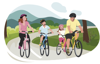Ilustração de uma família andando de bicicleta em uma trilha com grama e árvores. A família é composta por uma mulher, um homem e duas crianças. Cada um está pedalando a sua bicicleta, todos estão usando capacetes e sorrindo.